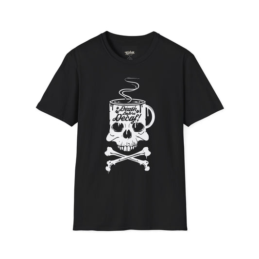 Skull Coffee Tee — "Death Before Decaf" Graphic T-Shirt