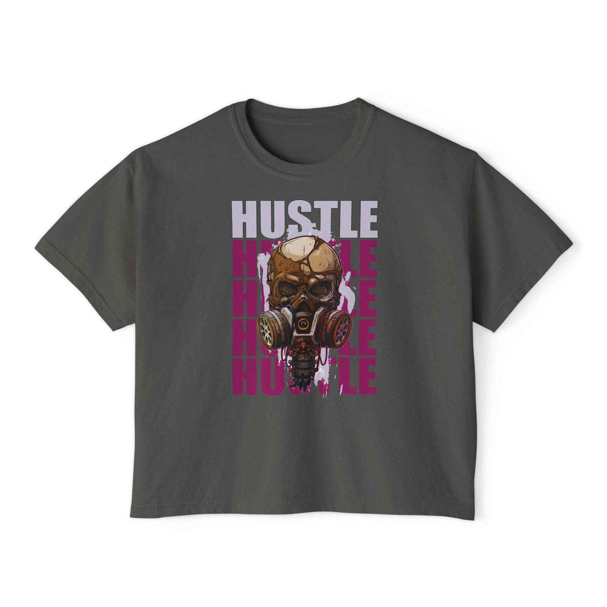 Teeology Boxy Tee — 'Hustle' Gas Mask Skull Graphic Women's Crop Shirt