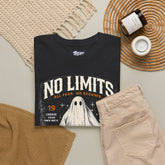 Vintage Halloween ghost racing graphic T-shirt with checkerboard design