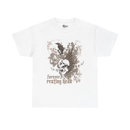 Forever Resting Head gothic skull and raven graphic T-shirt