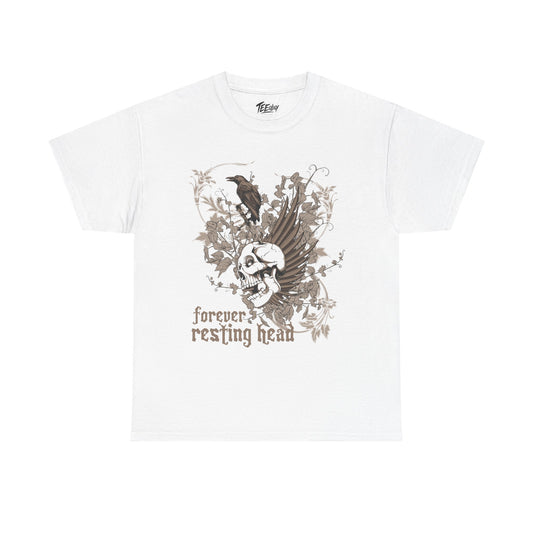 Forever Resting Head gothic skull and raven graphic T-shirt