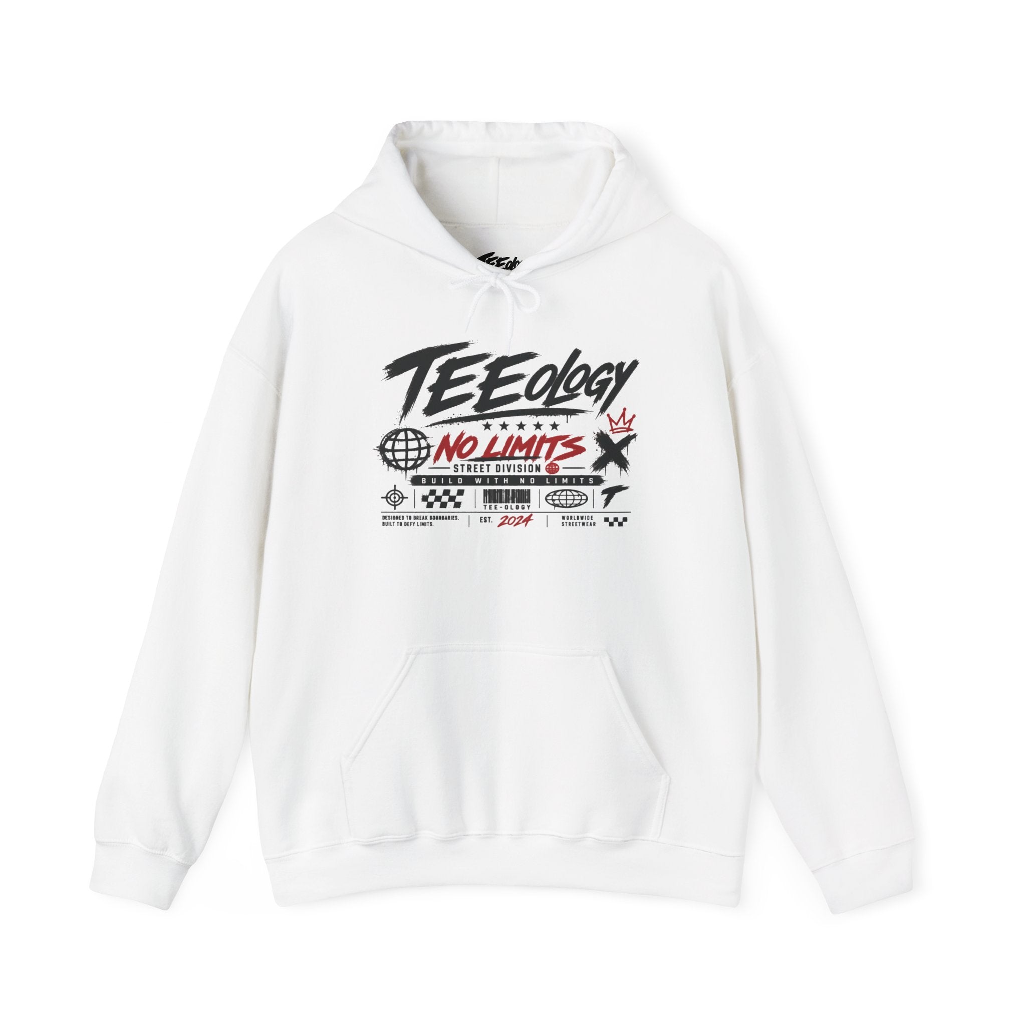 White TEEology No Limits Hoodie — streetwear graphic pullover