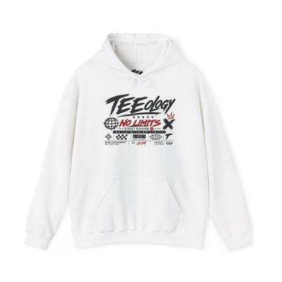 White TEEology No Limits Hoodie — streetwear graphic pullover