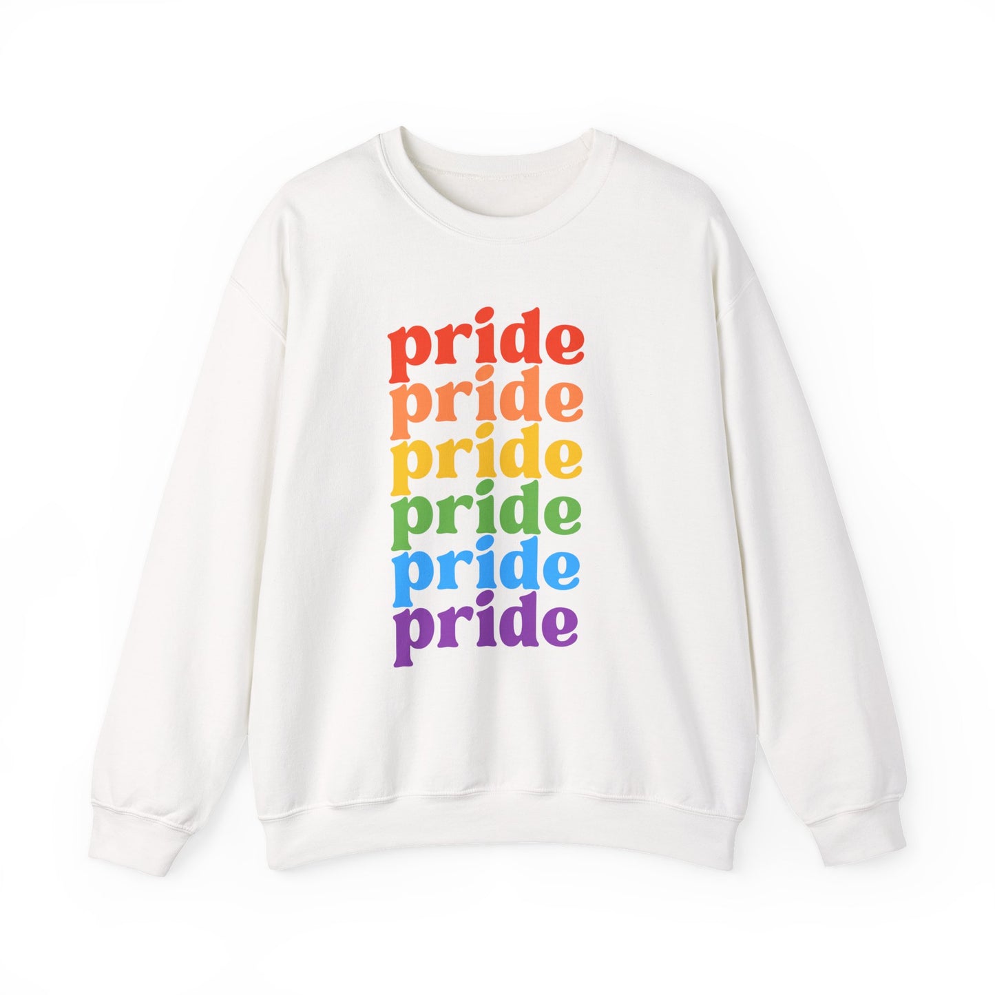 Pride Rainbow Crewneck Sweatshirt — Repeated 'pride' Retro Rainbow Tee for LGBTQ+ Celebration