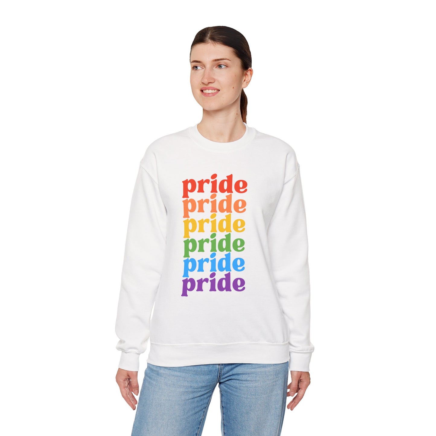 Pride Rainbow Crewneck Sweatshirt — Repeated 'pride' Retro Rainbow Tee for LGBTQ+ Celebration
