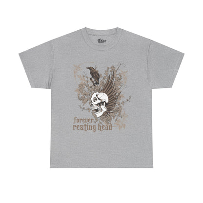 Forever Resting Head gothic skull and raven graphic T-shirt