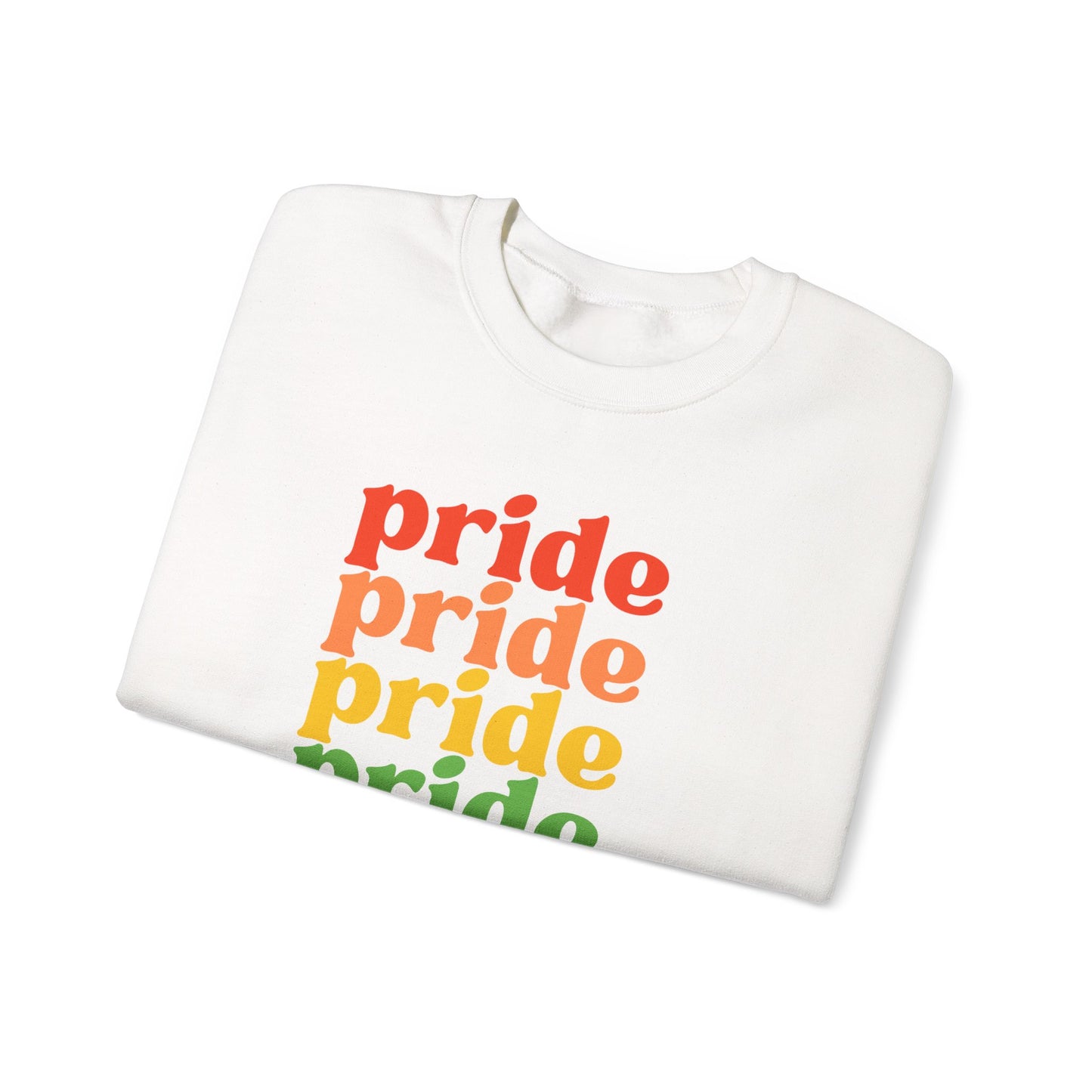 Pride Rainbow Crewneck Sweatshirt — Repeated 'pride' Retro Rainbow Tee for LGBTQ+ Celebration