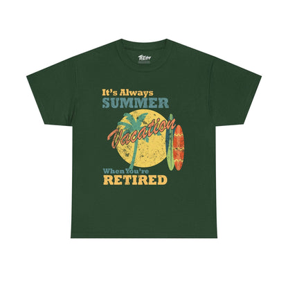 Vintage retired summer vacation tee with surf and sun design
