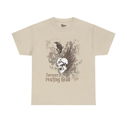 Forever Resting Head gothic skull and raven graphic T-shirt