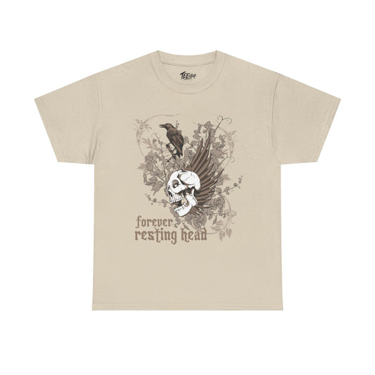 Forever Resting Head gothic skull and raven graphic T-shirt