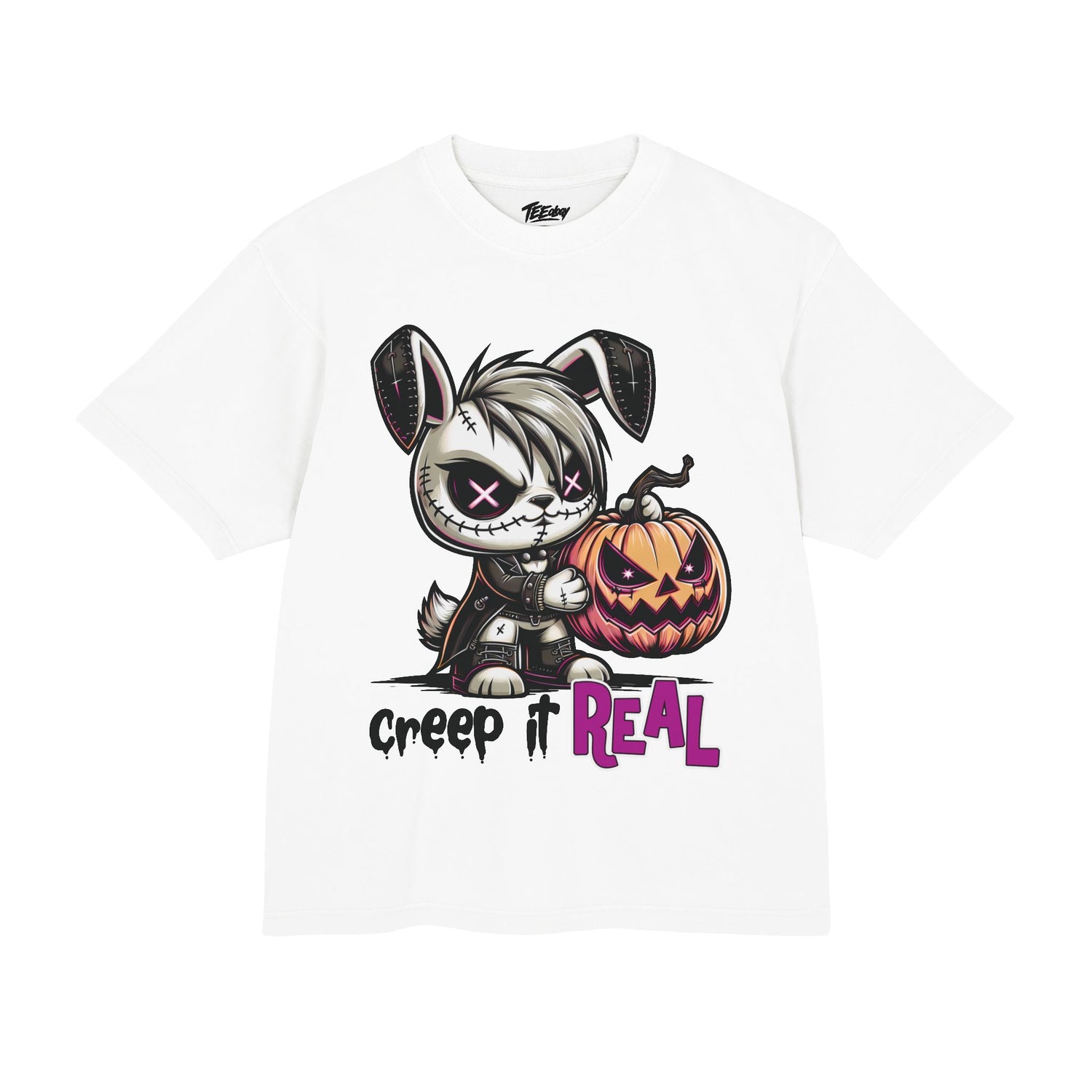 Stitched Bunny Halloween T-shirt with creepy cute pumpkin graphic