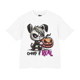 Stitched Bunny Halloween T-shirt with creepy cute pumpkin graphic