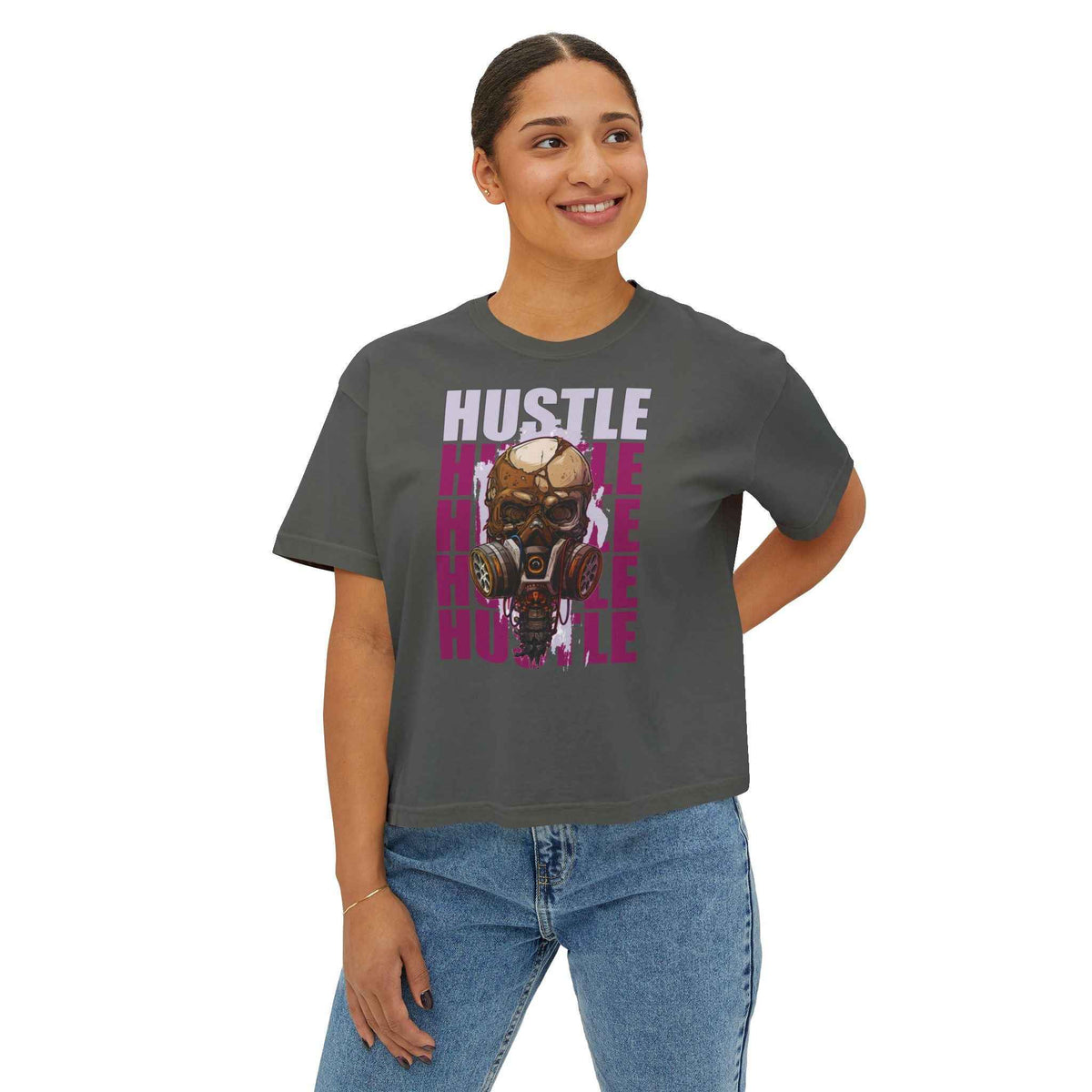 Teeology Boxy Tee — 'Hustle' Gas Mask Skull Graphic Women's Crop Shirt