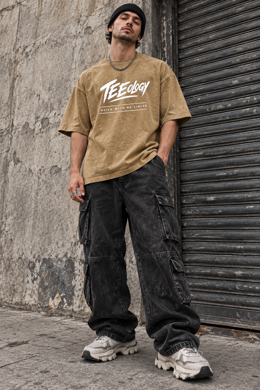 Teeology Build With No Limits snow-washed oversized cotton T-shirt product view 1