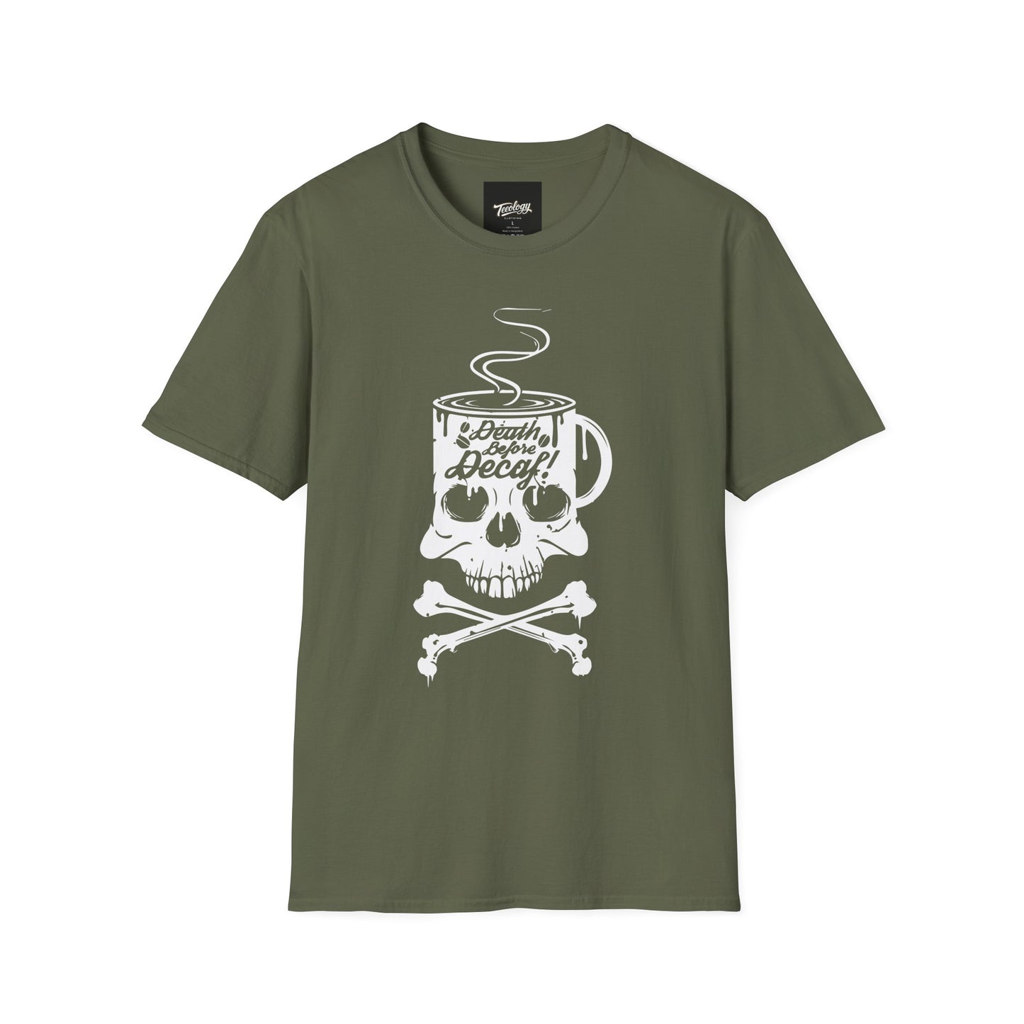 Skull Coffee Tee — "Death Before Decaf" Graphic T-Shirt