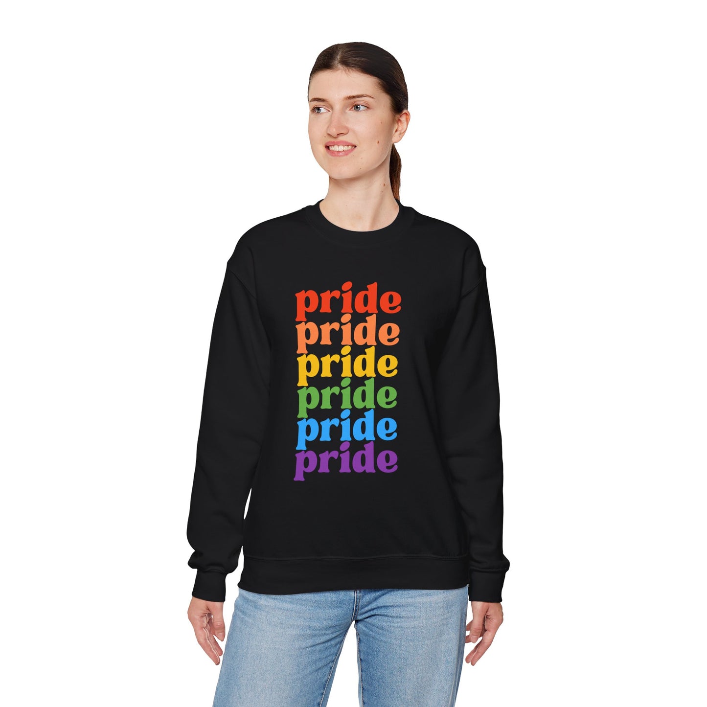 Pride Rainbow Crewneck Sweatshirt — Repeated 'pride' Retro Rainbow Tee for LGBTQ+ Celebration