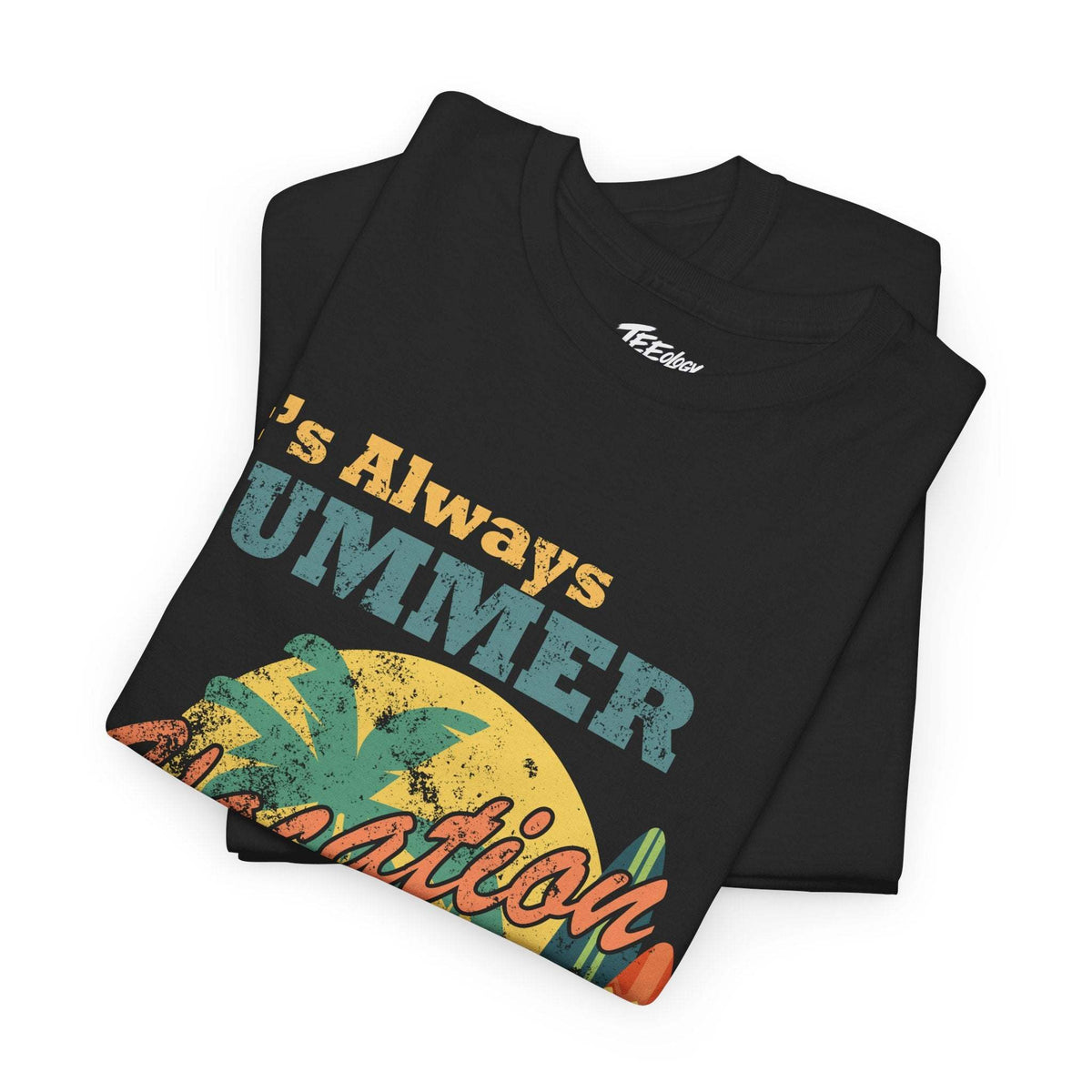 Vintage retired summer vacation tee with surfboard and sun design