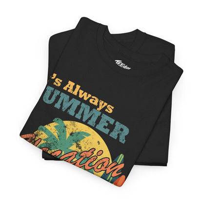 Vintage retired summer vacation tee with surfboard and sun design