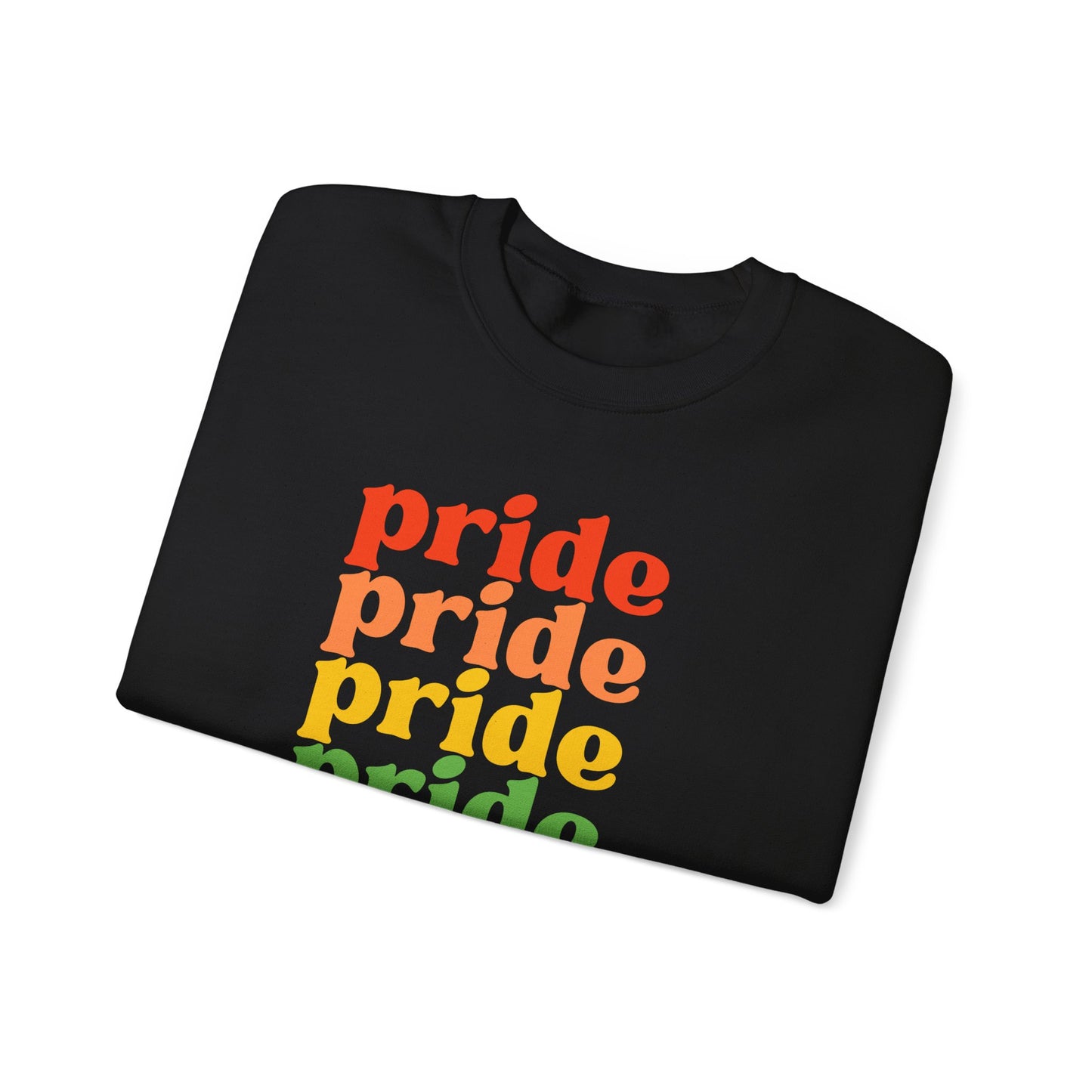 Pride Rainbow Crewneck Sweatshirt — Repeated 'pride' Retro Rainbow Tee for LGBTQ+ Celebration
