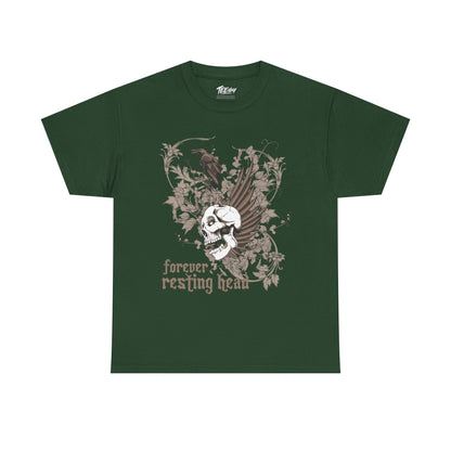 Forever Resting Head gothic skull and raven graphic T-shirt
