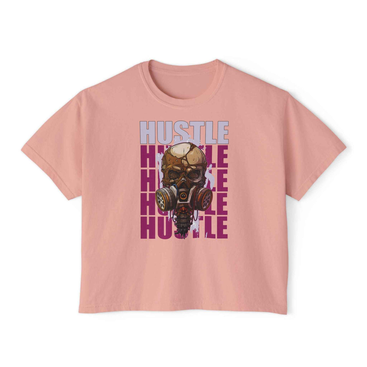 Teeology Boxy Tee — 'Hustle' Gas Mask Skull Graphic Women's Crop Shirt