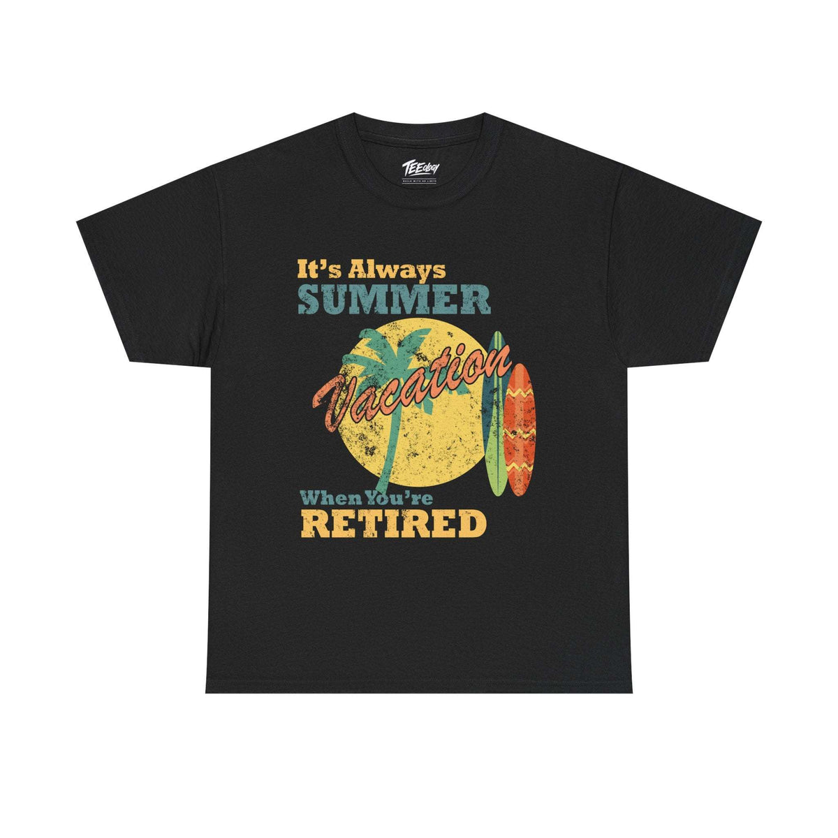 Retired summer vacation tee with vintage surfboard and sun design