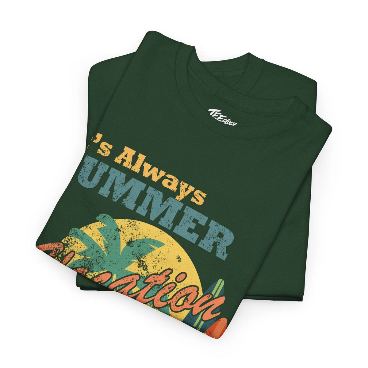 Vintage retired summer vacation tee with surfboard and sun graphic