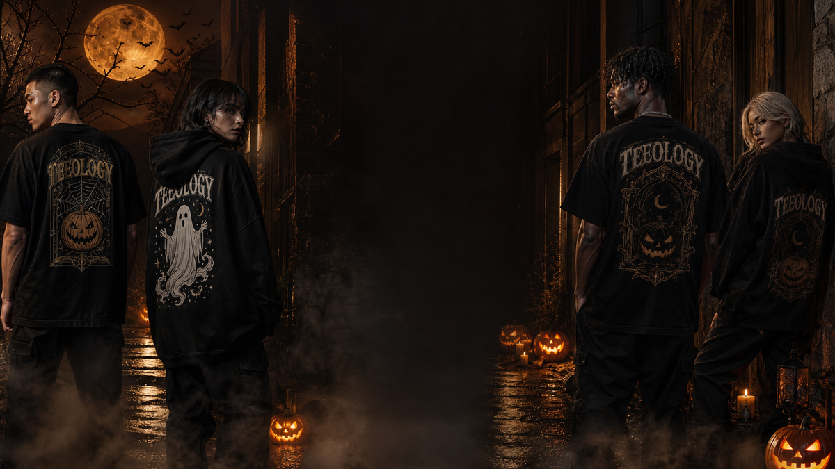 Teeology Halloween Edition streetwear campaign with pumpkins, moon, fog, and branded apparel